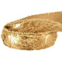 Artikel Dekorationsband med pälssmycken band fuskpäls brunt guld 25mm 15m