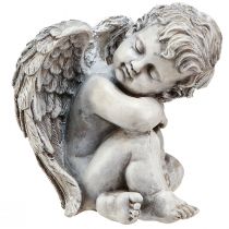 Ängel sittande dekorativ figur grav dekoration grå polyresin H18cm