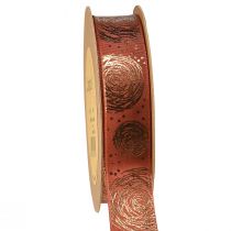 Presentband med gyllene rosor dekorativt band rödbrun 25mm 15m