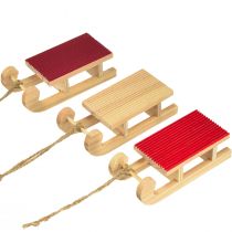 Artikel Träsläde miniatyr, röd-natur, 4x8,5 cm, set om 6 - juldekoration