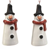 Artikel Glad snögubbe hängande dekoration - Vit med röd halsduk och svart mössa, 7,5 cm - Perfekt för festliga julgranar - paket med 2