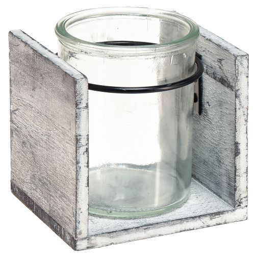 Floristik24 Värmeljushållare av glas i rustik träram - gråvit, 10x9x10 cm 3 stycken - charmig bordsdekoration
