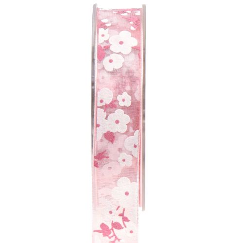 Floristik24 Organzaband rosa med blommor presentband 20mm 20m