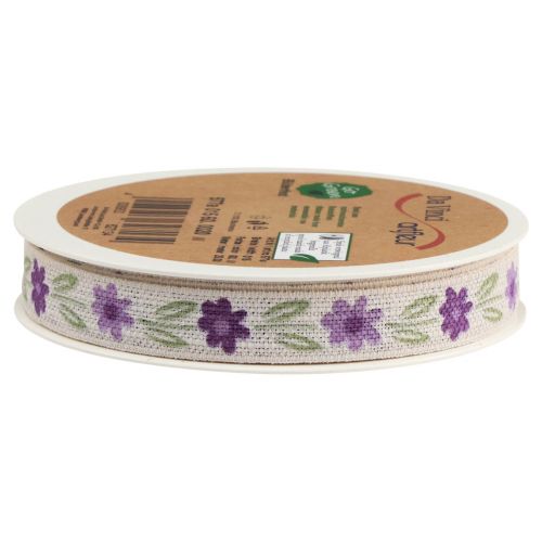 Artikel Presentband blommor bomullsband lila vit 15mm 20m