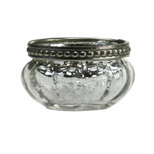 Artikel Värmeljus glas antik silver med metallfälg Ø6cm H3,5cm