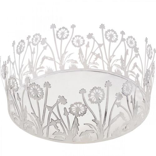 Artikel Dekorativ bricka med maskrosor, metalldekoration för vårvit, silver shabby chic Ø25cm H10,5cm