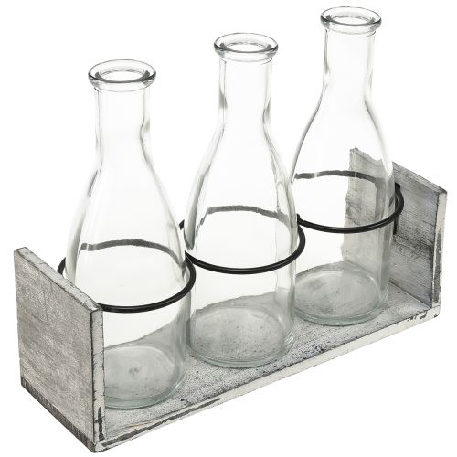 Rustik flaska i trästöd - 3 glasflaskor, gråvit, 24x8x20 cm - Mångsidig för dekoration