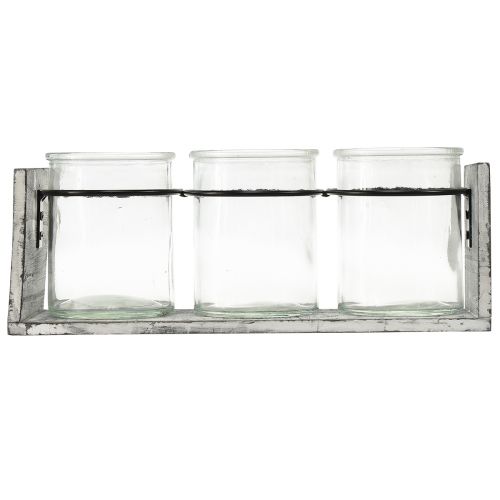Artikel Rustik glasbehållare i grått och vitt träställ - 27,5x9x11 cm - Mångsidig förvarings- och dekorativ lösning