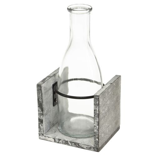Glasvas i grått träställ, 9,5x8x20cm - Rustik dekoration med 4 flaskor