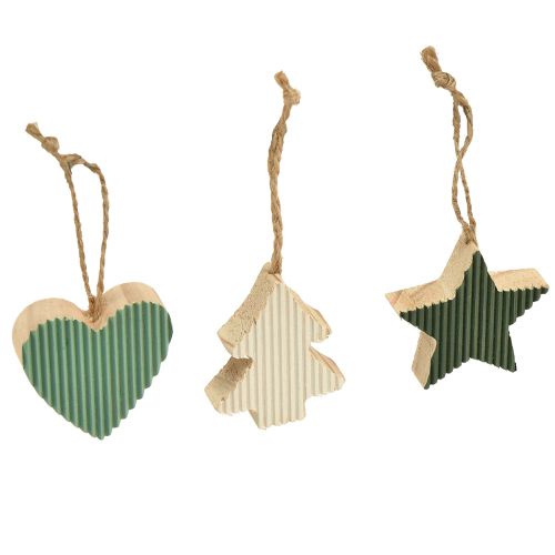 Julgranshänge i trä, hjärt-gran-stjärna, mintgrön-vit, 4,5 cm, 9 delar - Juldekoration