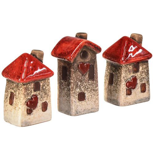 Keramikhus 6 stycken med rött takfönster och hjärta - 6 cm - Idyllisk dekoration för hem och trädgård