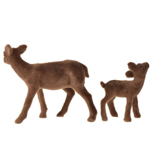 Artikel Rådjur dekorativa figurer Julbrun flockade rådjur med fawn i ett set H9/5,5cm 4 stycken