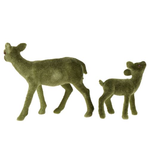 Artikel Rådjur dekorativa figurer Julgrönt flockade rådjur med fawn i ett set H9/5,5cm 4 stycken