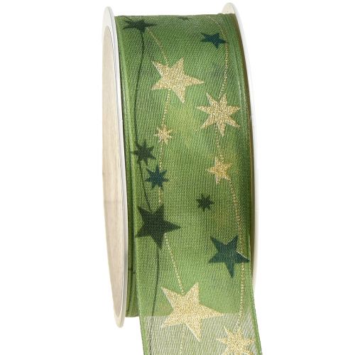 Julband med stjärnor presentband grönt med trådkant 40mm 15m