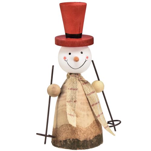 Snögubbe gjord av trä dekorativ figur med hatt röd naturlig H20,5cm