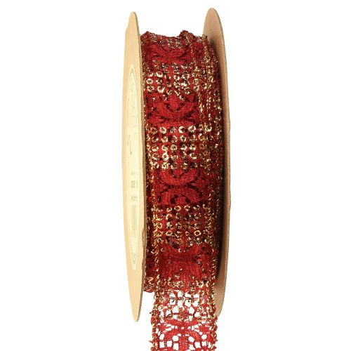Spetsband med glitter rött guld dekorativt bandtyg 25mm 15m