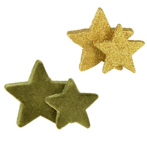 Scatter dekoration stjärnor grönt och guld med glitter bordsdekoration Jul 4/5cm 40 st